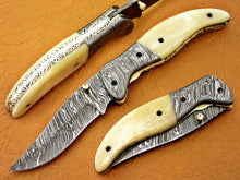 Load image into Gallery viewer, Custom Handmade Damascus Folding-Pocket Knife With Camel Bone Handle
