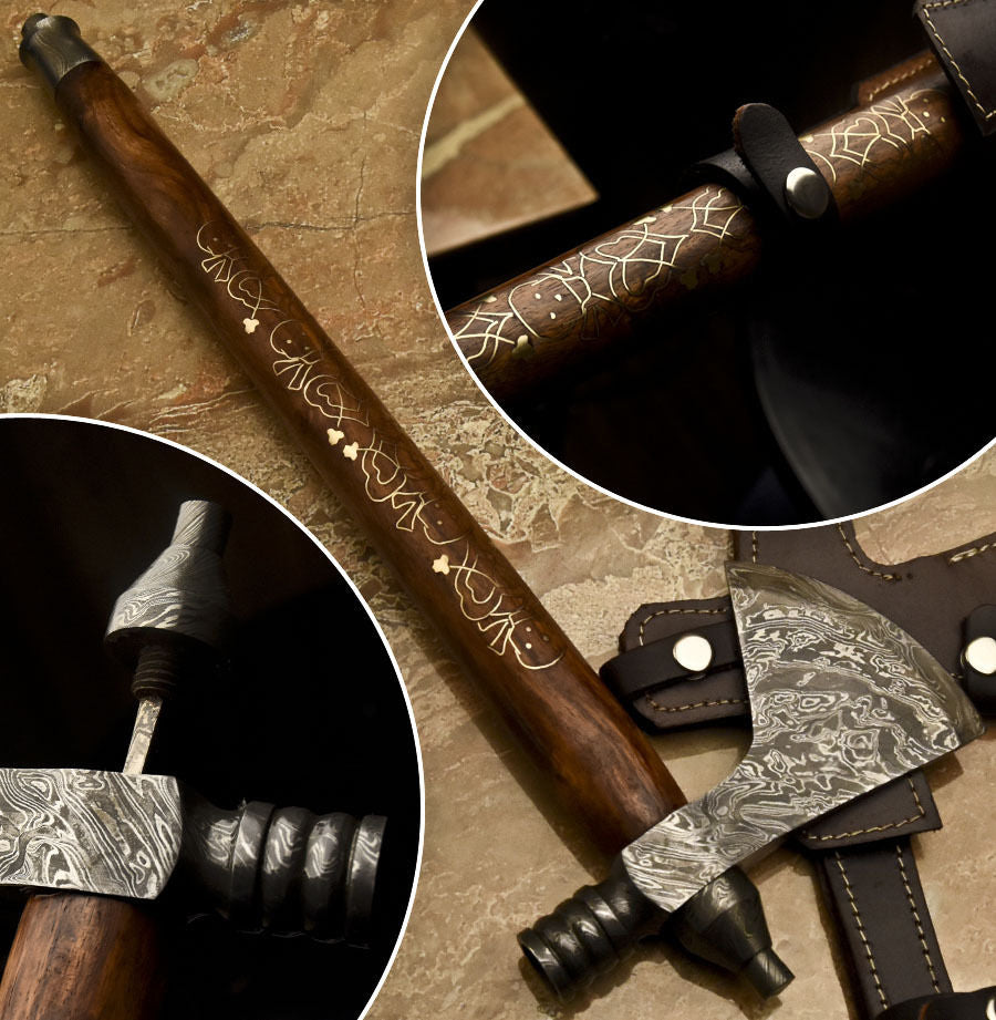 HS-1080 | Custom Handmade Damascus Smoking Tomahawk knife, Hatchet, Axe,Integral Natural Wood