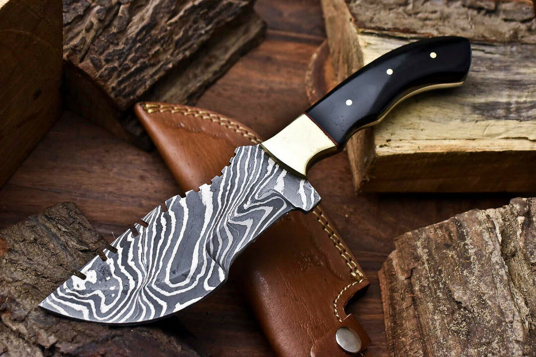 HS-923 Custom Handmade Damascus Steel Camping Tracker Knife - Beautiful Bull Horn Handle