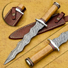 Load image into Gallery viewer, HS-857 CUSTOM DAMASCUS STEEL HUNTING/BOWIE/DAGGER KNIFE HANDLE OLIVE WOOD WITH SHEATH
