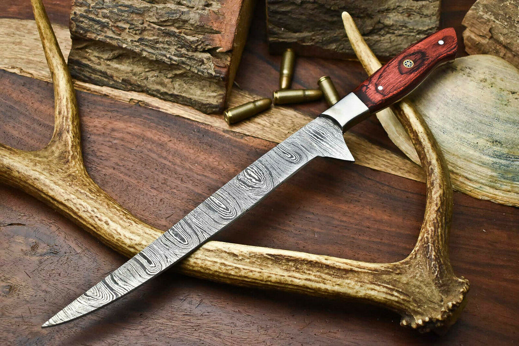 HS-264 Hand Made Damascus Steel Blade Fish Fillet Knife Full Tang Knife | HARD WOOD