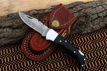 Load image into Gallery viewer, Custom Handmade Damascus Steel Back-Lock Pocket | Folding Knife | Leather Sheath- Black Sheet Handle
