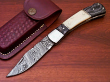 Load image into Gallery viewer, Custom Handmade Damascus Steel Back-Lock Pocket | Folding Knife | Leather Sheath-Hard Wood And Bone Handle
