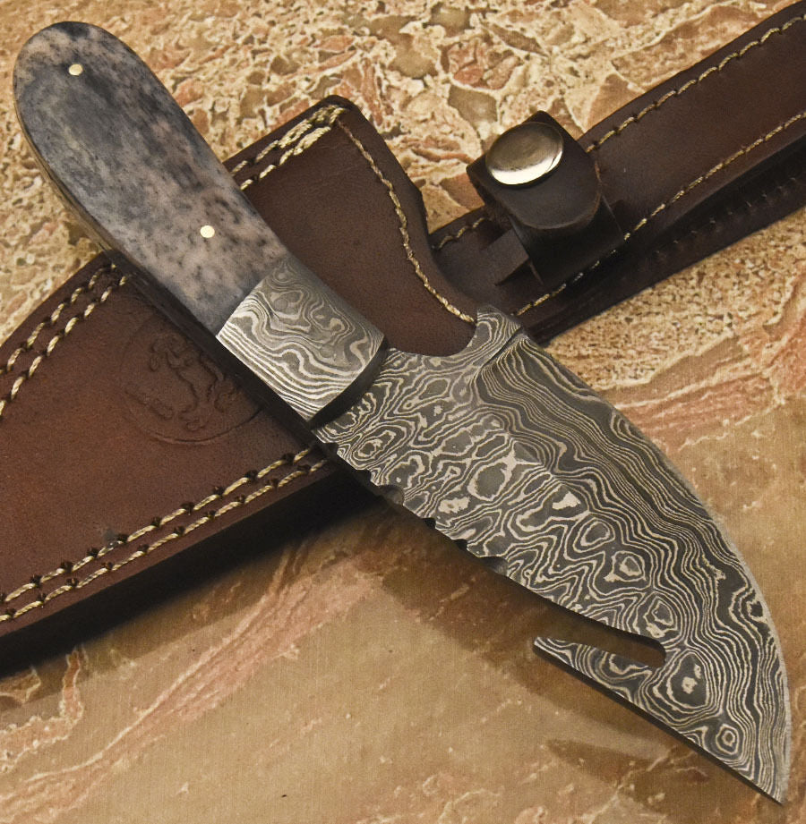 HS-841 Custom Handmade Damascus Skinner Knife With Stained Camel Bone Handle