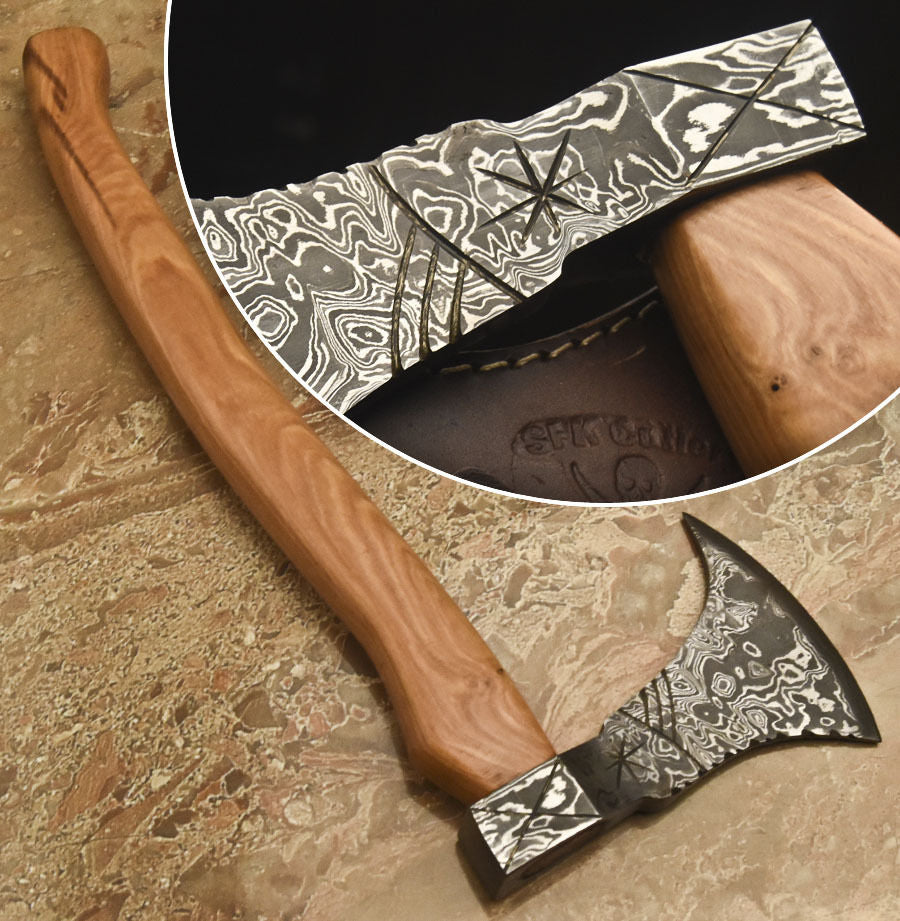 HS-1083 | Custom Handmade Damascus Tomahawk knife, Hatchet, Axe,Integral Natural Wood