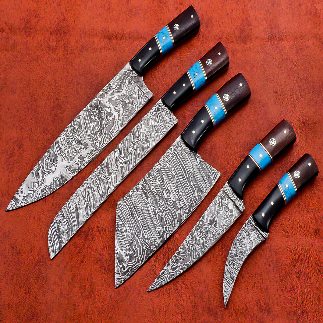 HS-142 Custom Handmade Damascus Steel 5 Pc's Chef Set with Turquoise,Resin,Wood Handle