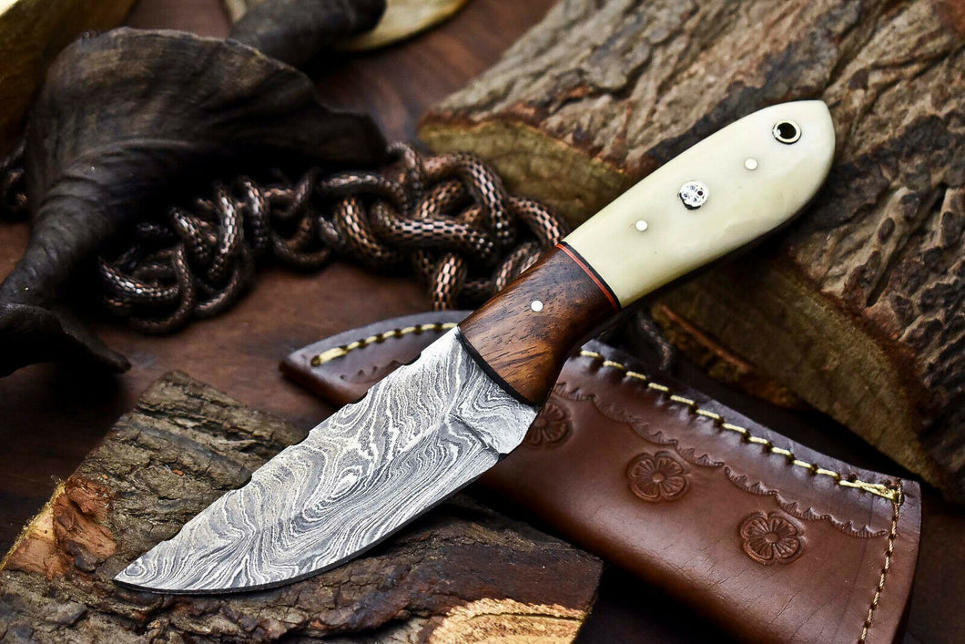 HS-718 Custom Handmade Camel Bone & Wood Hanlde Damascus Steel Skinner Knife - Great Price