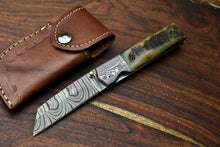 Load image into Gallery viewer, Custom Handmade Damascus Steel Blade Liner-Lock Pocket Folding Knife| Ram Horn
