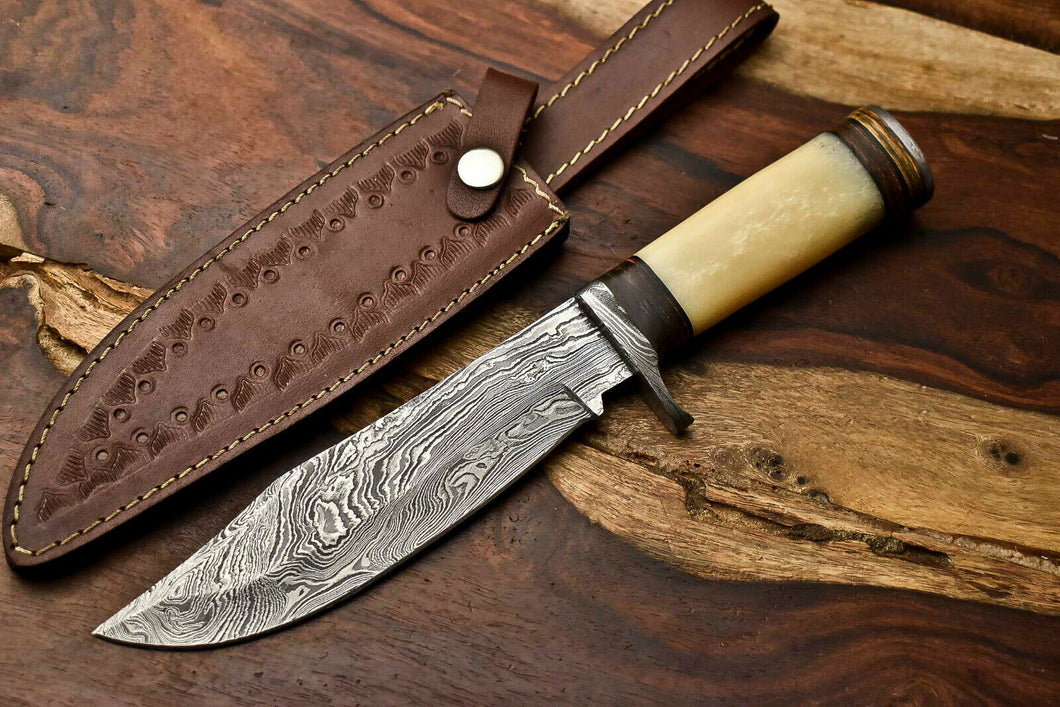 HS-323 Custom Handmade Damascus Steel Bowie Hunting Camping Knife - Beautiful Wood Handle