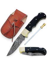Load image into Gallery viewer, Custom Handmade Damascus Steel Back-Lock Pocket | Folding Knife | Leather Sheath-Olive Wood Handle
