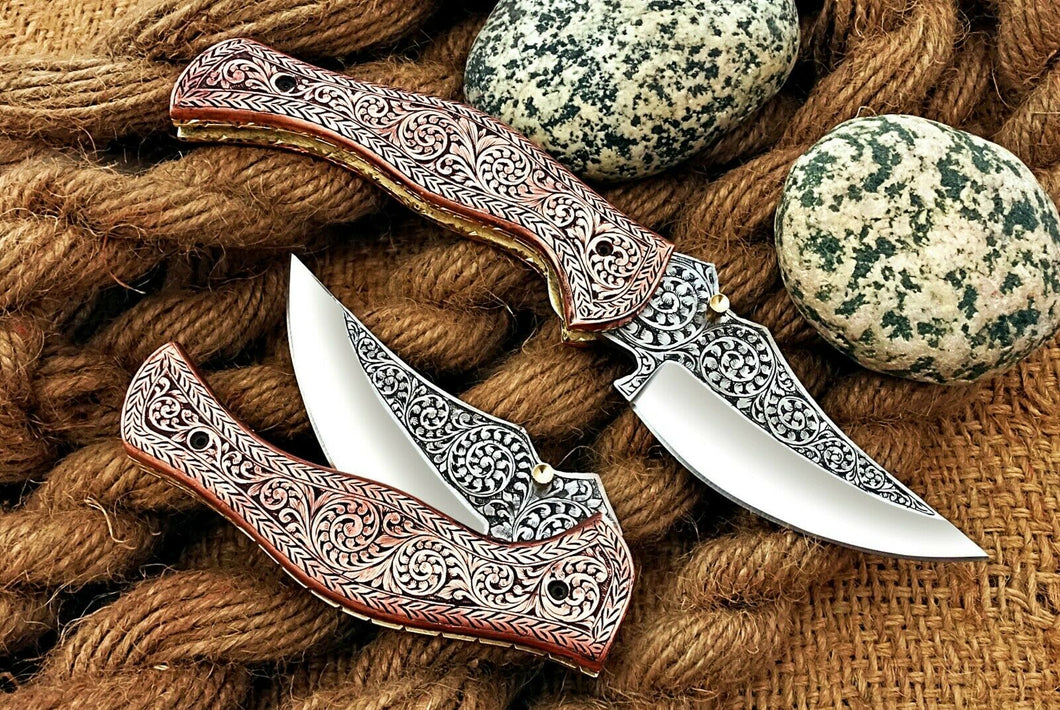 HS Cutlery | Custom Hand Engraved Folding-Pocket Knife Life Time Used With Copper Engraved Handle