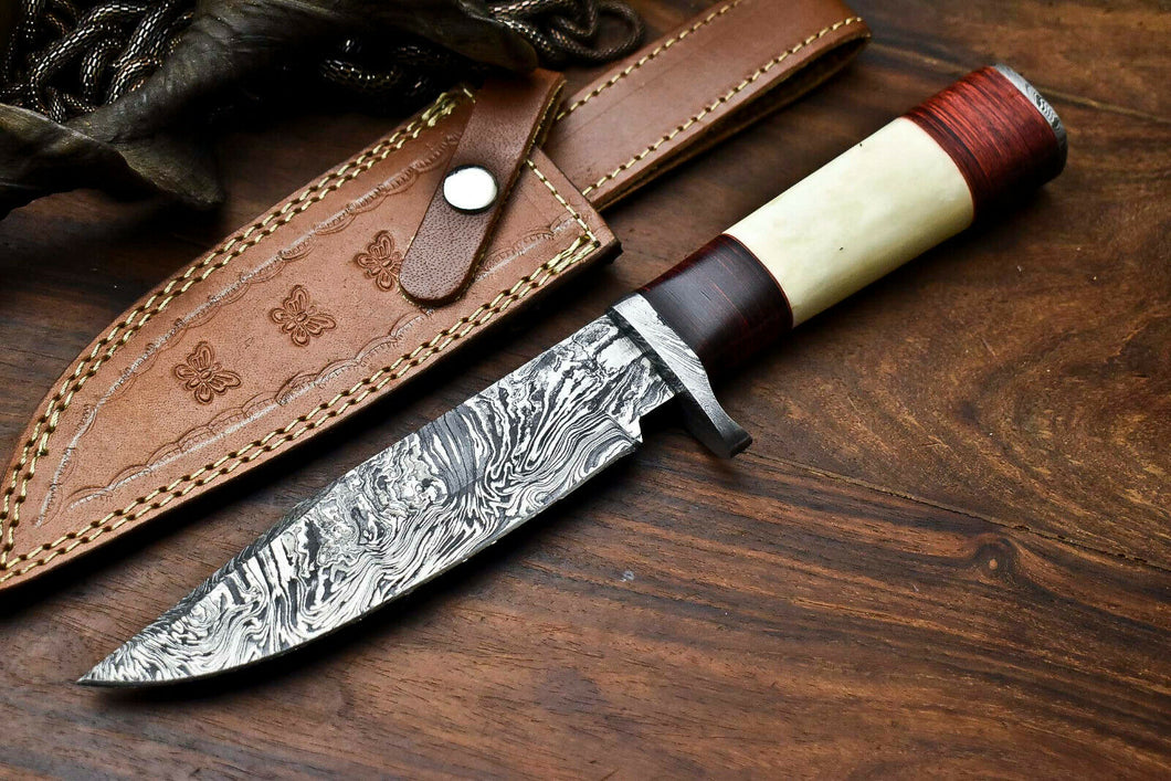 HS-319 Custom Hand Made Damascus Steel Blade Bowie Hunting Knife | CAMEL BONE