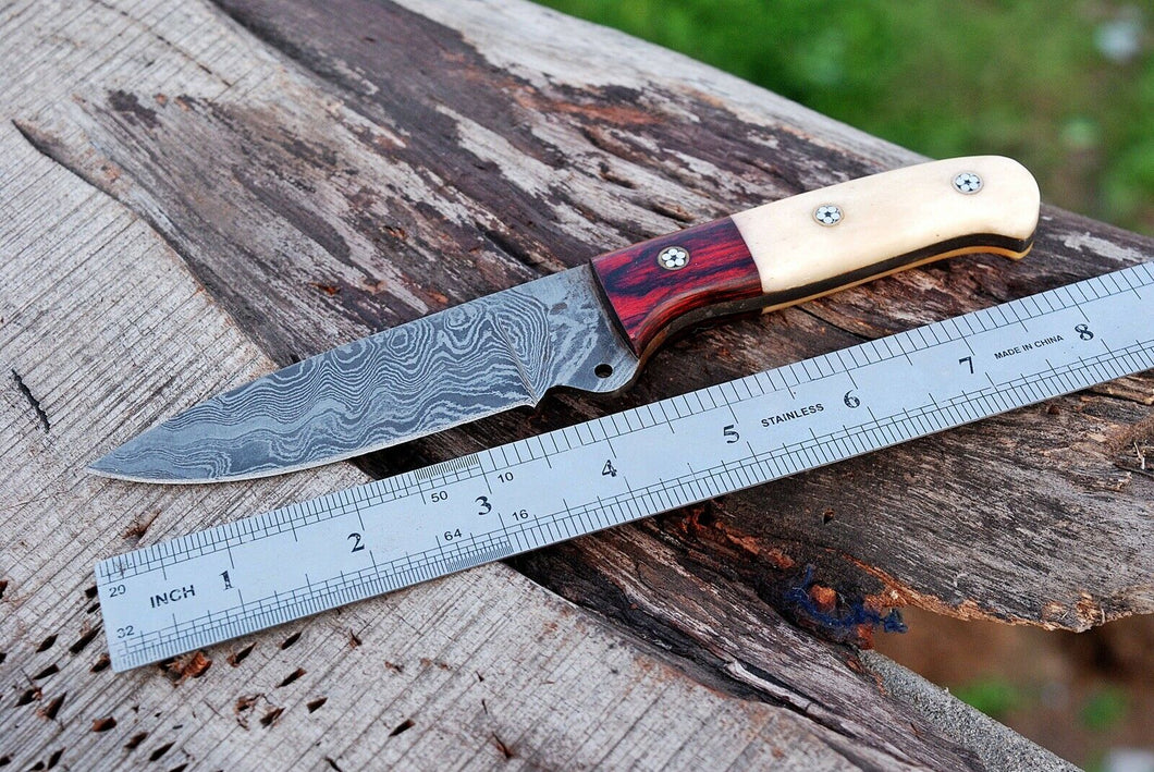 HS-726 Custom Handmade Damascus Steel Skinner Knife - Hard Wood + Bone Handle