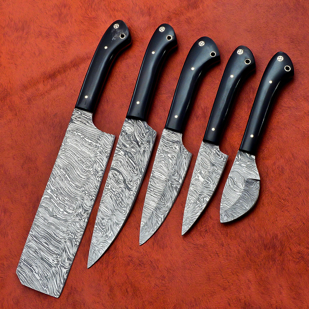 Hs-139 Custom Handmade Damascus Steel 5 Piece Chef Set with Buffalo Horn Handle