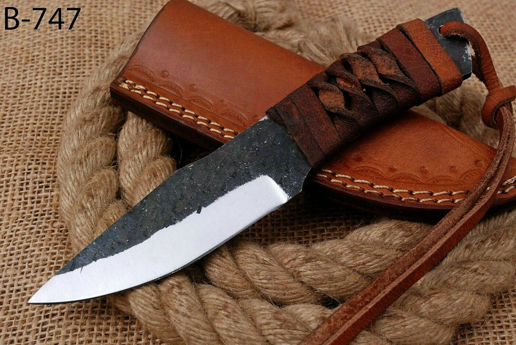 HS-755 Custom Hand Forged Railroad Steel Skinner Knife 8.0 inch Overall And Leather Cord Handle