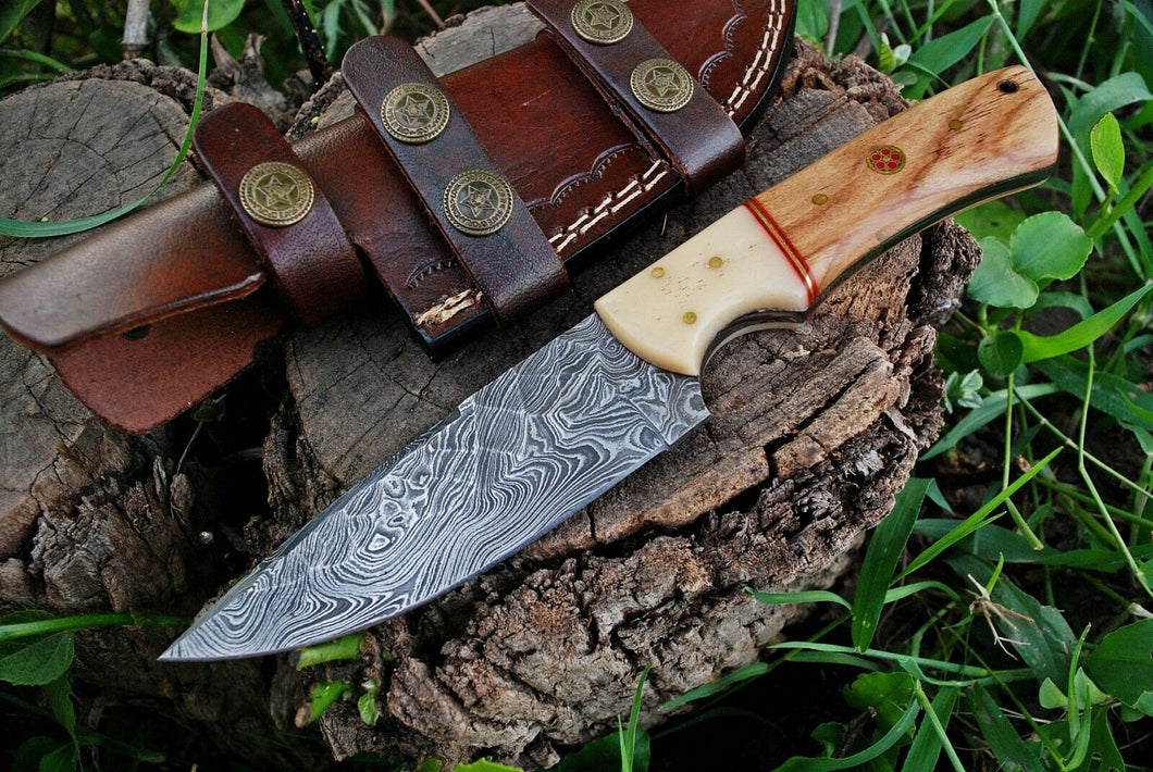 HS-360 '' Hand Forged Damascus Steel Fix Blade Hunting Knife 186 With Leather Sheath