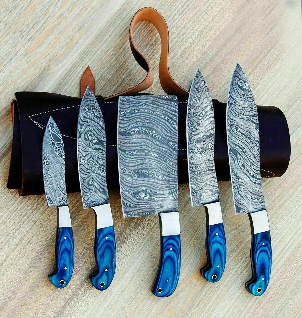 HS-146 HAND FORGED DAMASCUS STEEL CHEF KNIFE KITCHEN SET WITH WOOD HANDLE