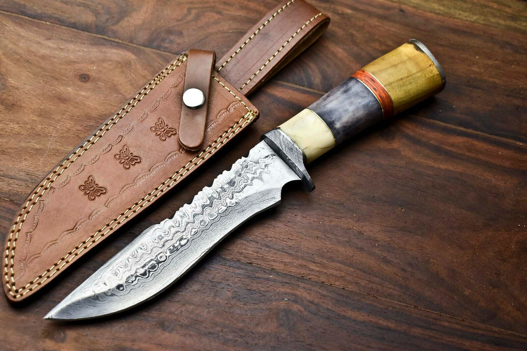 HS-325 | Custom Handmade Damascus Steel Bowie/Hunting Knife - Colour Camel Bone Handle