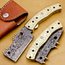 Load image into Gallery viewer, Custom Handmade Damascus Folding-Pocket Knife With Brass Engraved Handle

