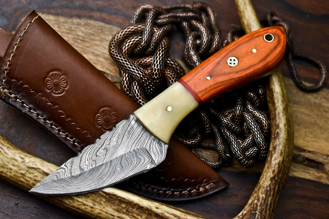 HS-684 Custom Handmade Damascus Steel Skinner Knife - Beautiful Bone Wood Handle