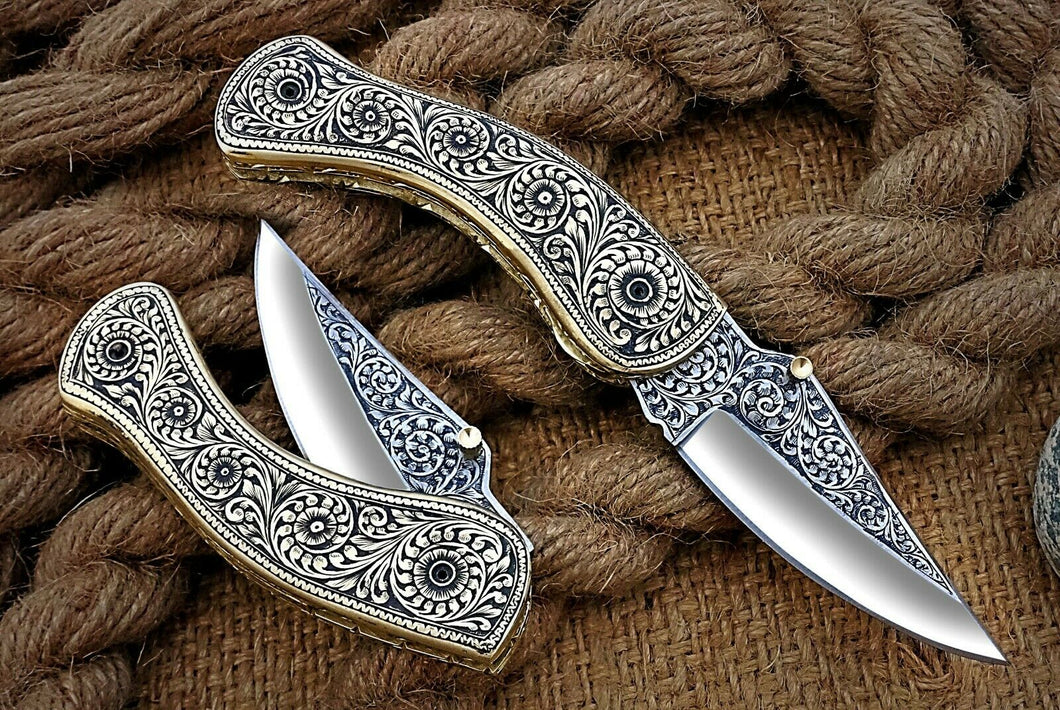 HS Cutlery | Custom Hand Engraved Folding-Pocket Knife Life Time Used With Brass Engraved Handle