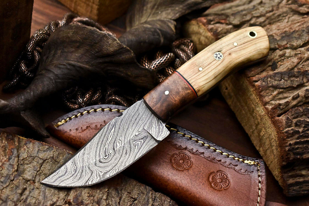 HS-703 Custom Handmade Damascus Steel Skinner Knife - Beautiful Wood Handle