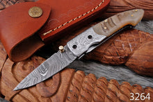 Load image into Gallery viewer, Custom Handmade Damascus Steel Engraved Folding Knife - Ram Horn Handle
