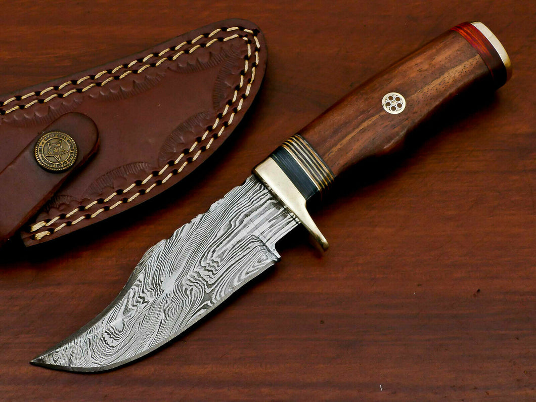 HS-372 '' CUSTOM MADE HAND FORGED DAMASCUS FIXED BLADE HUNTING KNIFE - BRASS GUARD-