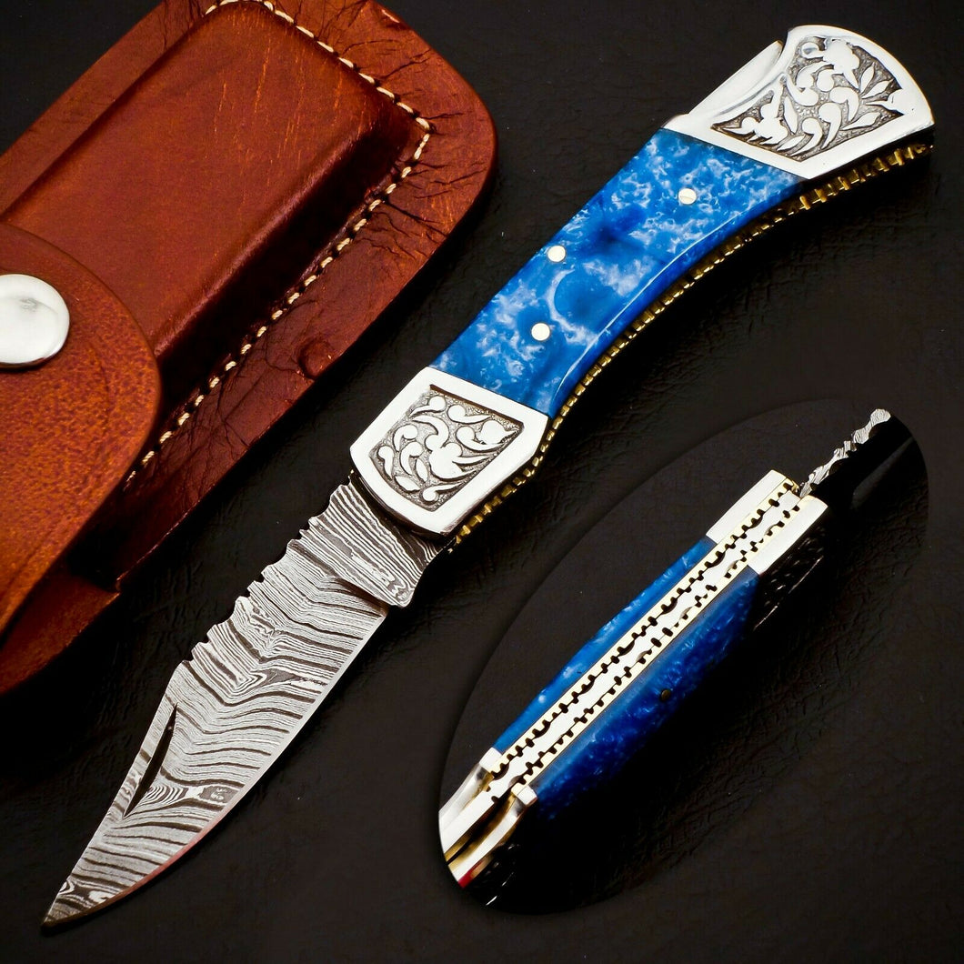 HS-1111 Custom Hand Forged Damascus Steel Back Lock Resin Handle Knife