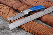 Load image into Gallery viewer, Custom Handmade Damascus Steel Pocket Folding Knife - Beautiful Blue Bone Handle
