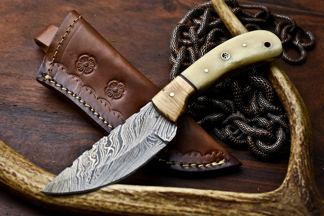 HS-720  Custom Handmade Camel Bone & Wood Handle Damascus Steel Skinner Knife - Great Price