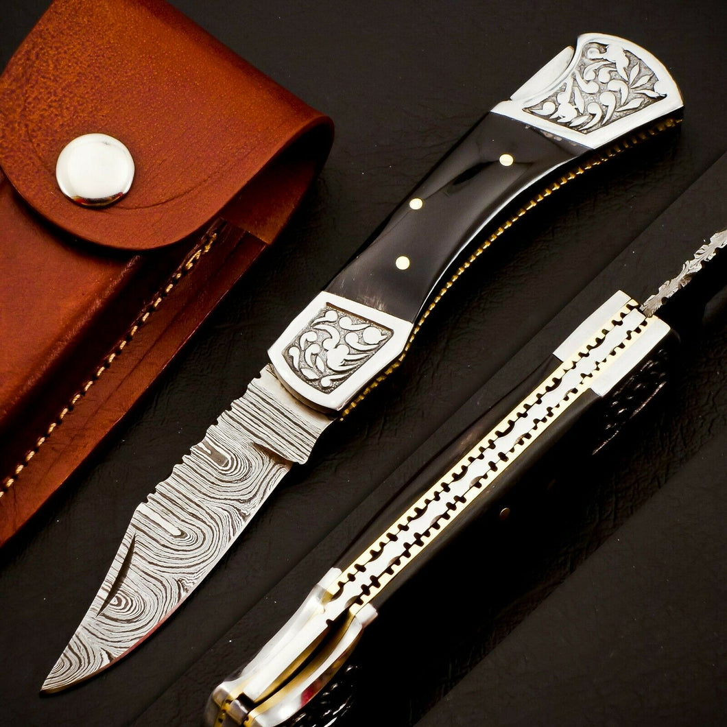 HS-1110 Custom Hand Forged Damascus Steel Back Lock Resin Handle Knife