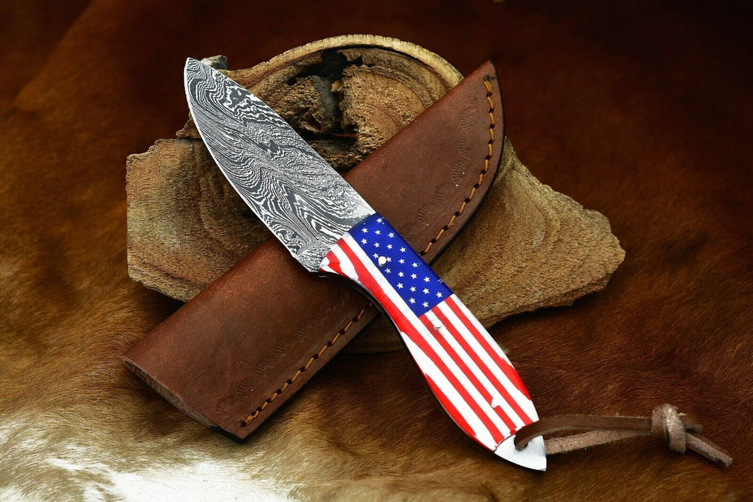 HS-796 Custom Handmade Damascus Skinner Knife With American Flag sheet Handle