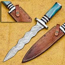 Load image into Gallery viewer, HS-856 CUSTOM DAMASCUS STEEL HUNTING/BOWIE/DAGGER KNIFE HANDLE COLORED BONE WITH SHEATH
