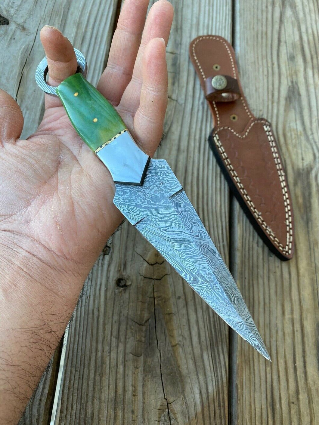 HS-865 Custom Handmade Damascus Steel Dagger Green Handle Knifery - Awesome Price