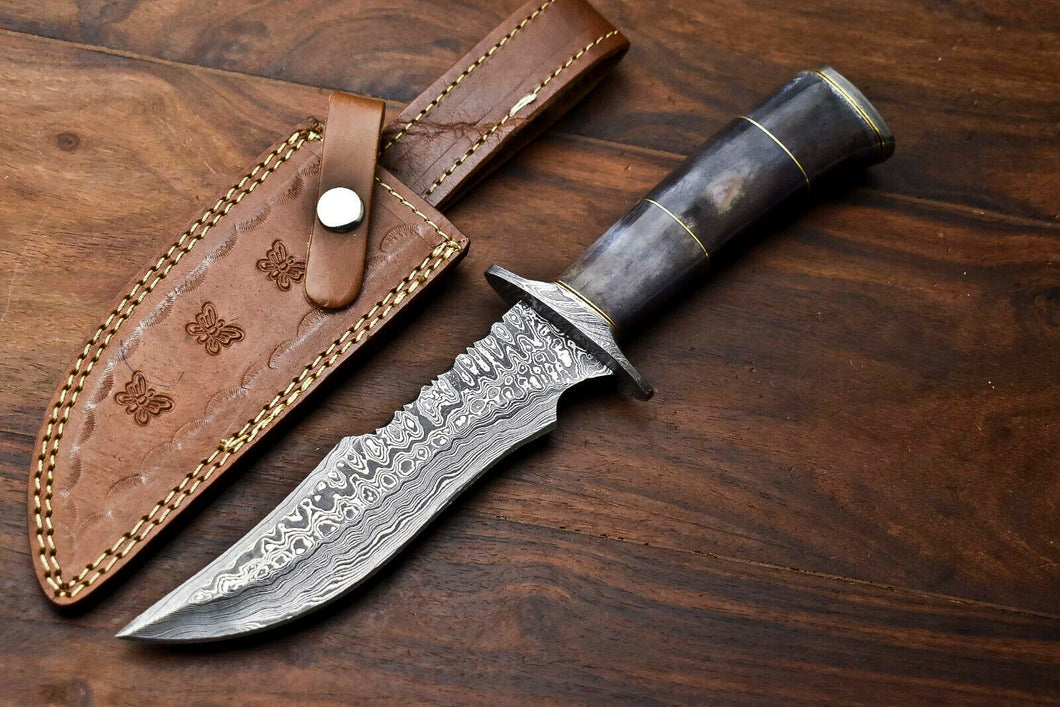 HS-412 | Custom Handmade Damascus Steel Hunting Knife - Buffalo Horn Handle