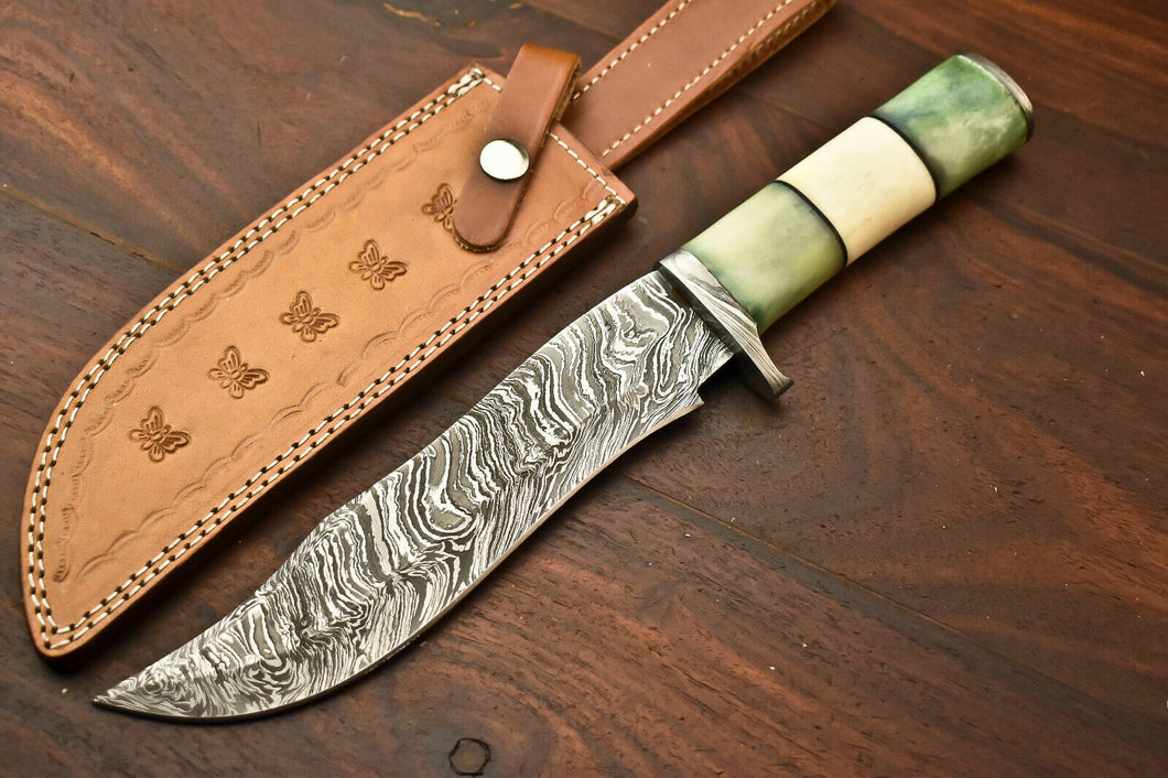 HS-336 | Custom Handmade Damascus SteelHunting / Bowie Knife - Camel Bone Handle