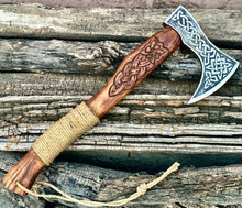 Load image into Gallery viewer, HS-1063 | Custom Handmade Steel Viking Axe, Tomahawk Axe knife With Wood Engraved Handle Daily Carry
