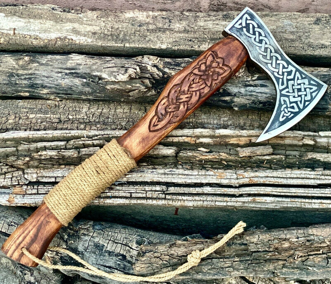 HS-1063 | Custom Handmade Steel Viking Axe, Tomahawk Axe knife With Wood Engraved Handle Daily Carry