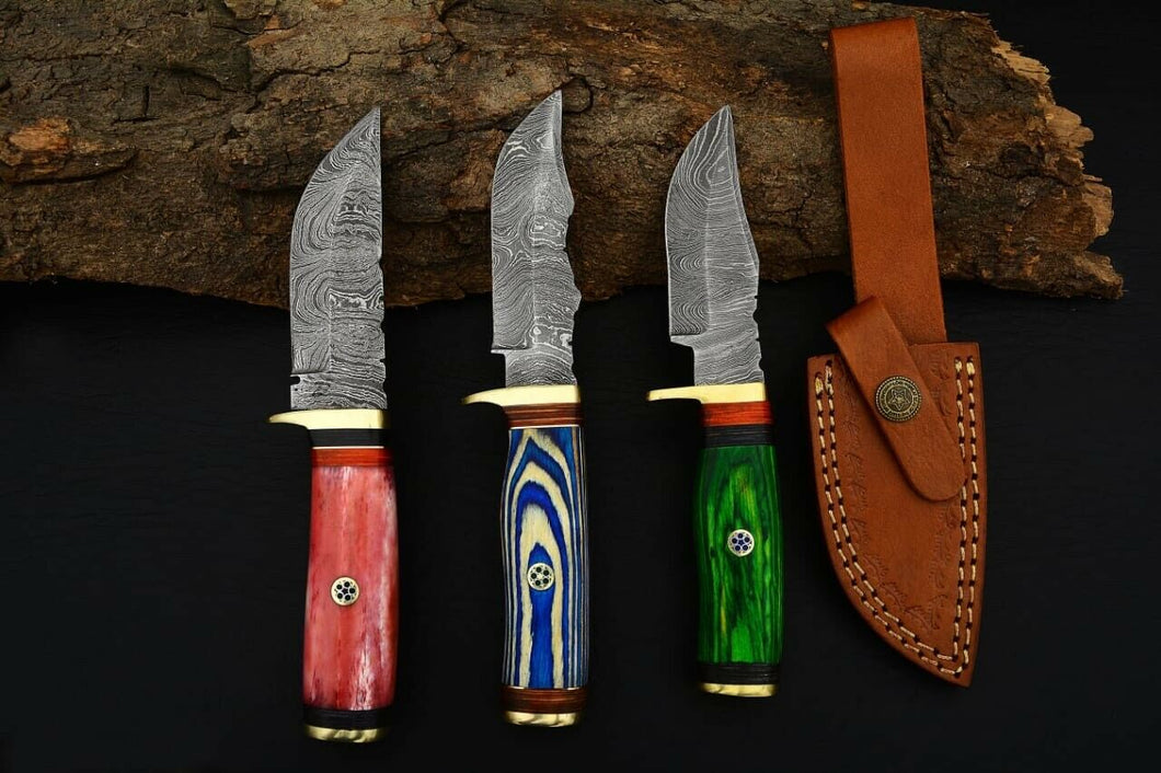 HS Deal 04 -  8 Inch Custom Handmade Damascus Skinner Knife Lot of 3 Pecs With Different Handles