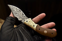 Load image into Gallery viewer, Custom Handmade Damascus Folding/Pocket Engraved Knife With Brown Micarta Handle
