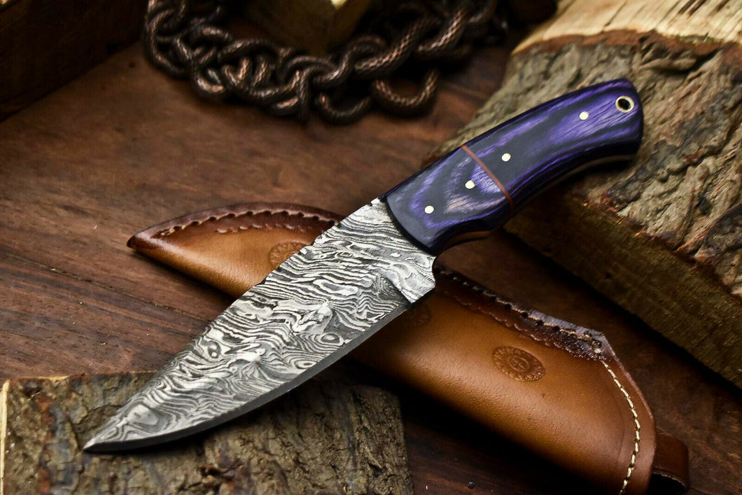 HS-674 Custom Handmade Damascus Steel Skinner Knife - Beautiful Hard Wood Handle