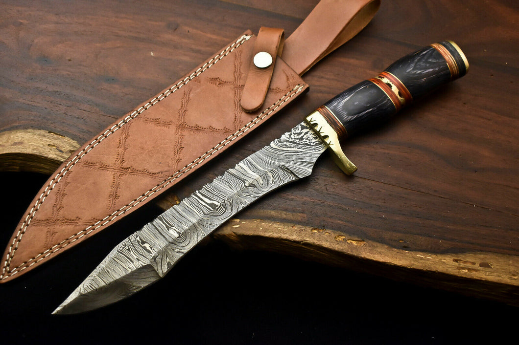 HS-333 | Custom Handmade Damascus Steel Bowie / Hunting Knife - Hard Wood Handle