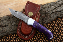 Load image into Gallery viewer, Custom Handmade Damascus Steel Back-Lock Pocket | Folding Knife | Leather Sheath- Resin Handle
