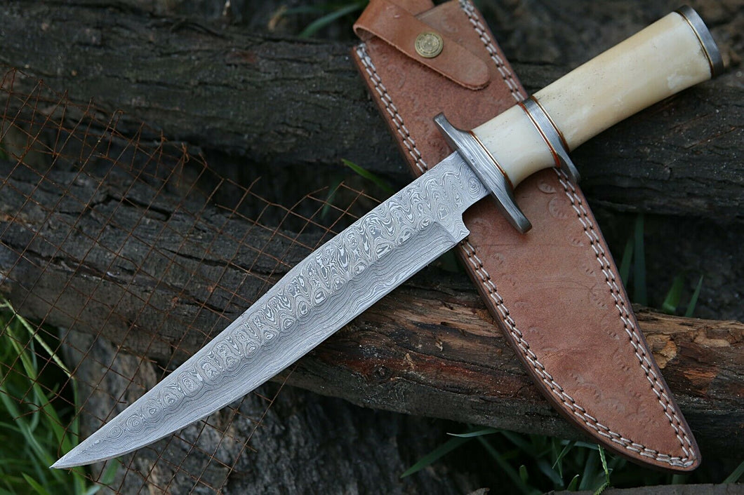 HS-311  Personalized Damascus Hunting Bowie Knife, Damascus Steel Blade, Camel Bone Hand